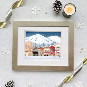 Watercolor painting of winter and Christmas in Leaveworth, Wa