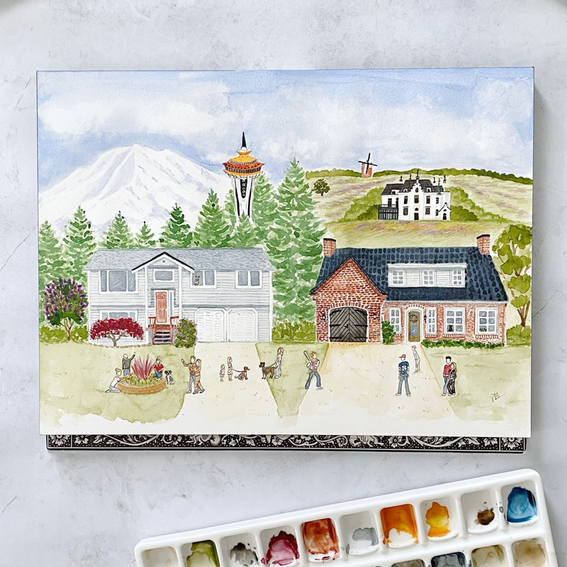 A watercolor painting of a house located in seattle washington and a house located in the netherlands with the house families greeting each other